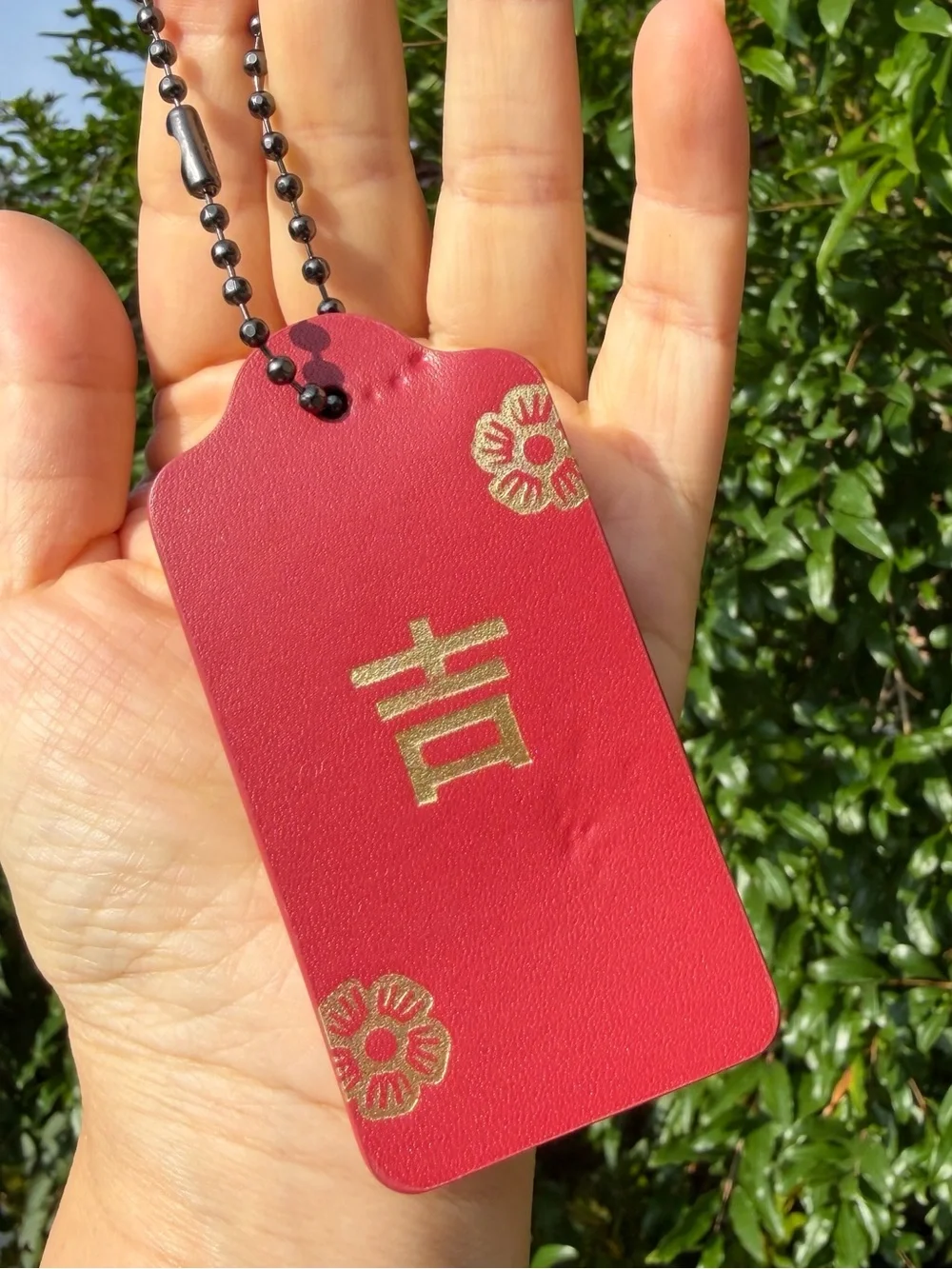 Coach Large Leather Hangtag with Ji & Tea Rose Print, 1 3/4” (L) × 3” (H)